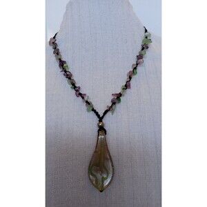 Handmade Fluorite Gemstone Chip Beaded Art Glass Pendant Necklace 22 inch